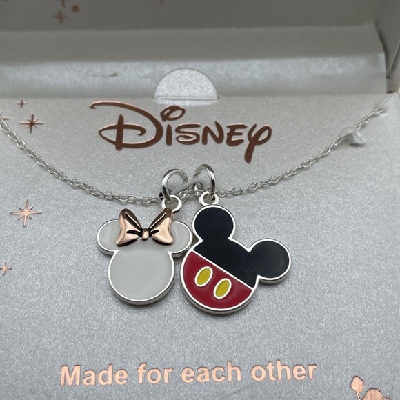 NIB Disney Fine Silver Plated & Enamel Mickey & Minnie Double Pendant Necklace - Picture 2 of 6